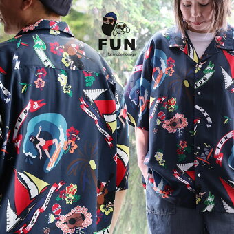 ファン シャツ 5分袖 アロハシャツ プリント おじさん キャラクター 薄手 軽い 涼しい 羽織り 重ね着 体型カバー パティ