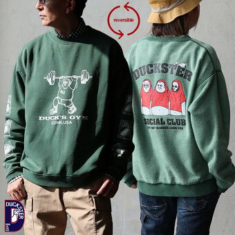 ダックスター スウェット トレーナー 長袖 クルーネック リバーシブル コットン 裏起毛 袖リブ 刺繍 プリント 暖かい パティ