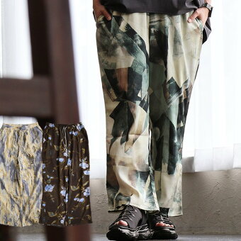 ワイドパンツ ストレート 総柄 プリント 薄手 涼しい 裏地付き ウエストゴム 体型カバー パティ ルコリ