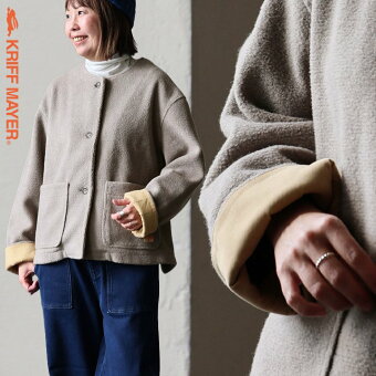KRIFF MAYER(クリフメイヤー) クリフメイヤー ジャケット ノーカラー 無地 配色 裏地付き パイルフリース コーデュロイ 暖かい パティ