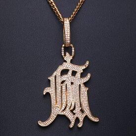 K18GP 麻 ブラックレター パヴェ ネックレス (キューバンチェーン付き：サイズ 4mm*55cm) Gold 金ネックレス マイアミキューバン 喜平 キューバンチェーン メンズ ヒップホップ アクセサリー ラッパー ダンサー ギフト プレゼント