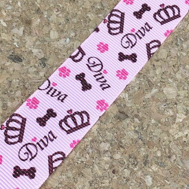 【1m売】肉球＆クラウングログランリボン25mm幅 あしあと 足あと 犬柄 イヌ柄 DIY 骨柄