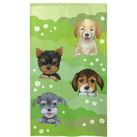 【楽天スーパーSALE 50%OFF 半額】洋柄のれん 4匹の犬（緑）85x150cm 暖簾 neko ネコ 犬柄 シュナウザー ヨークシャーテリア ビーグル レトリバー