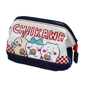 ちいかわ デニムポーチ ワイヤー入 CHIIKAWA ハンバーガー 楽しいね みんな サンスター文具 化粧ポーチ 多機能　 ポーチ ちいかわグッズ