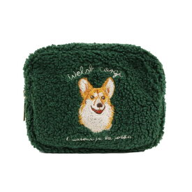 コーギー ボアアニマル刺繍ポーチ グリーン 化粧ポーチ トラベルポーチ 多機能ポーチ polkapolka