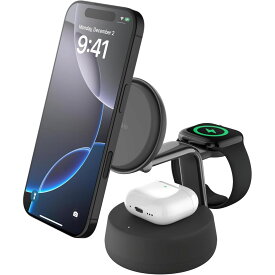 3in1 ワイヤレス充電器 Qi2 MagSafe iPhone 16 15 Apple Watch AirPods 急速充電 スタンド 25W Belkin ベルキン 公式 UltraCharge Pro WIZ040dqCH チャコール