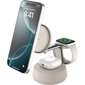 3in1 ワイヤレス充電器 Qi2 MagSafe iPhone 16 15 Apple Watch AirPods 急速充電 スタンド 25W Belkin ベルキン 公式 UltraCharge Pro WIZ040dqCH サンド