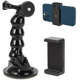 スマホホルダー付き車載吸盤マウント GoPro DJI Action 2 アクションカメラ用 360度回転 車用吸盤ブラケット ABSブラックモーションカメラスネークのような柔軟な吸盤ブラケット固定マウント スマホクリップ付き For iPhone Android Xperia OPPO Xiaomi AQOUS