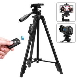 スマホ三脚 ビデオカメラ 三脚 VCT5208 一眼レフカメラ 軽量 ミニ 3WAY雲台 4段階伸縮 360回転 Android対応 コンパクト アルミ製 Bluetoothリモコン 収納袋付き 旅行用 持ち運びに便利 収納後サイズ45cm、最長1.25m 送料無料