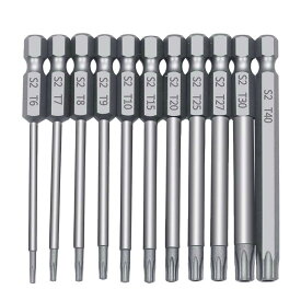 トルクスドライバー ビット 11本セット 中空トルクス頭 75mm 六角軸 6.35mm T6-T40 S2鋼ドライバービット 磁気 トルクス星ネジ用ビットセット 六角ビット ドリル ビット工具T6, T7, T8, T9, T10, T15, T20, T25, T27, T30, T40 送料無料