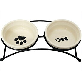 愛犬 愛猫の食事に♪ フードスタンド付き ペット フードボウル 2個セット ドッグ 犬 猫 イヌ 容器 えさ 給水器 給餌器 フード 容器 食器 スタンド DFS-WS533 陶器　お椀