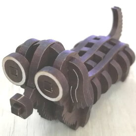 3Dパズル組立ミニチュア動物：ダックスフント：キット品（ピース平板）ウォルナットMDF：組木造形「カチッとクロス」 送料無料