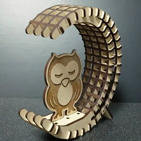 3Dパズル組立フクロウと月（2）：キット品（ピース平板）：組木造形「カチッとクロス」　送料無料