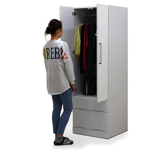 ワードローブ クローゼット 幅60cm 高さ180cm 鏡面仕上げ 艶あり ロッカー 服吊り 完成品 ホワイト 白 ハイタイプ 引き出し スライドレール付き 衣類収納 収納力 大川家具 日本製 シンプル 吊り