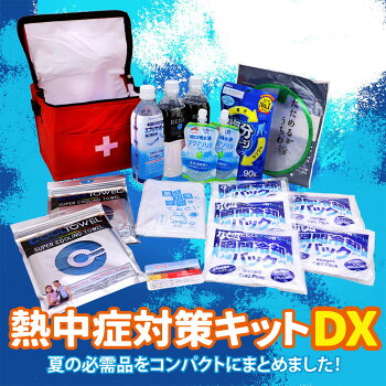 熱中症対策キットDX(デラックス)クーラーバッグに入った応急処置セット熱中症対策グッズ瞬間冷却剤/水分補給ゼリー/塩分チャージタブレッツ/涼感ひんやり冷却タオル/経口補水液/保存水/熱中症予防カード/ひんやりグッズ非常用防災グッズ防災セット/保冷バック