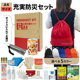 充実A4防災セット 1人用 非常用持ち出し袋 防災グッズ ナップサック コンパクト A4ボックス 非常食 カンパン 保存水 簡易トイレ オフィス防災 分散備蓄 災害対策 迅速避難 EVERSAFE A4J2
