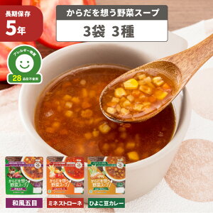からだを想う野菜スープ 非常食 スープ 3袋 3種 野菜 レトルト 備蓄 栄養 特定原材料等28品目不使用 食物アレルギー対応 保存食 防災食 災害 長期保存 アルファー食品 (メール便1セットまでOK)