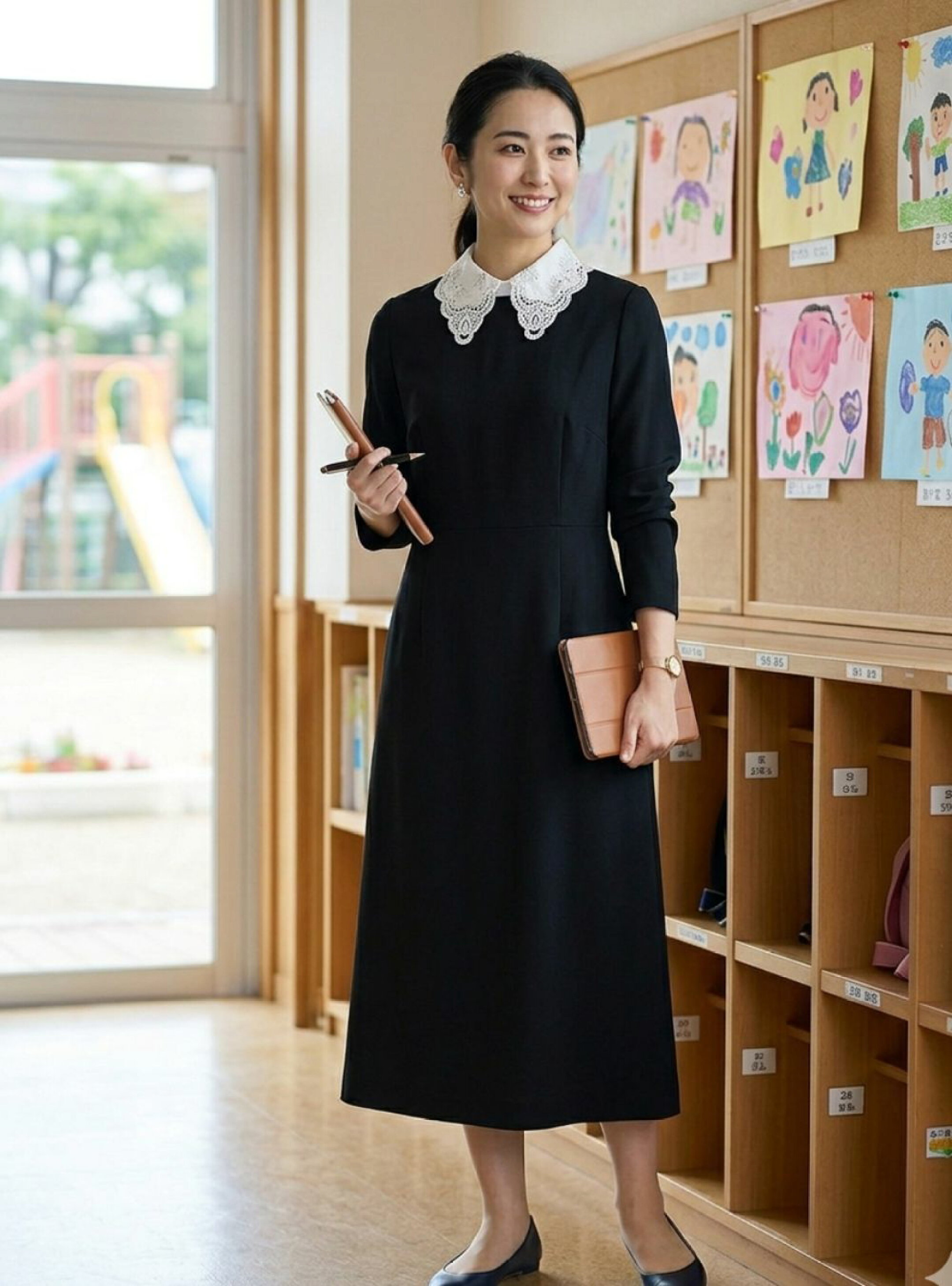 黒ワンピース×つけ襟　学校行事に