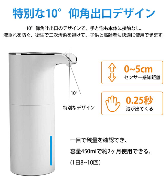 楽天市場 ソープディスペンサー 自動 泡 ハンドソープディスペンサー Usb充電式 1800mah内蔵電池 吐出量2段階調整可 450ml大容量 10 仰角出口デザイン Ipx4防水 洗面台 トイレ キッチン 学校 病院に適用 清潔対策 日本語取扱書付 1年品質保証 あす楽 楽天倉庫から