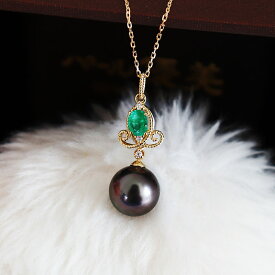 黒蝶真珠 ネックレス 18K EMERALD DIA ネックレス ダイア tahitian pearl necklace EMERALD0.2ct D0.02ct 2pcs