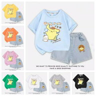 ポムポムプリン 2024新品登場 子供服 子供用 半袖 アニメ キャラクター tシャツ（tシャツ＋半ズボン 上下…
