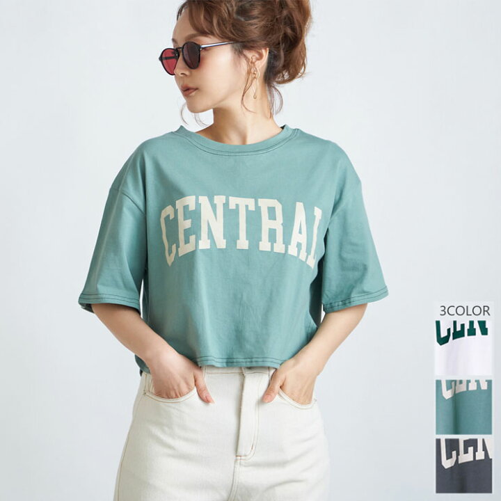 楽天市場 送料無料 クロップド丈 カレッジロゴtシャツ トップス カットソー Tシャツ ロゴt ショート丈 半袖 春 夏 秋 プチプラ レディース メール便 ネコポス 配送 Pecoti ペコチ