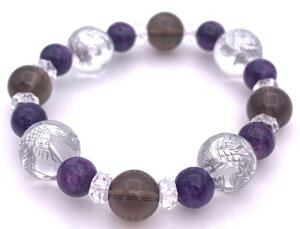 風水四神!天然石銀彫り水晶&チャロアイト&スモーキークォーツのブレスレット