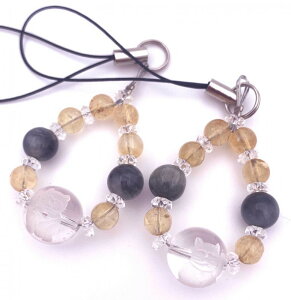 天然石彫り水晶☆招き猫&イーグルアイ&シトリンのペアストラップ