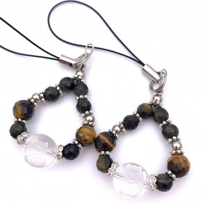 天然石彫り水晶☆招き猫&タイガーアイカット&ブルータイガーアイカットのペアストラップ