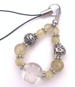 天然石彫り水晶☆招き猫&ルチルクォーツのストラップ