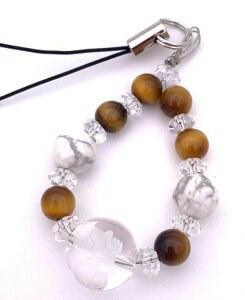 天然石彫り水晶☆招き猫&ハウライト&タイガーアイのストラップ