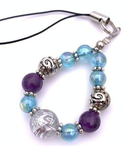 天然石水晶銀彫り青龍&アクアオーラ&アメジストのストラップ