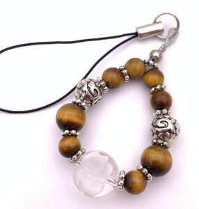天然石彫り水晶☆招き猫&タイガーアイのストラップ