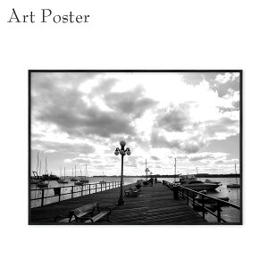 ポスター額付き a2 モノクロ 海外 ヨットハーバー 海 アートパネル アルミフレーム おしゃれ インテリア 飾り フレーム付き