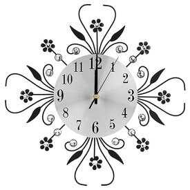 ヨーロピアンスタイルの壁時計、モダンでエレガントなサイレントウォールクロック 黒鉄の花形の壁掛け時計ダイヤモンド吊り壁時計 寝室の居間の台所および小さい区域スペースのための黒い金属時計の家の装飾