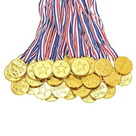 PATIKIL 100個 プラスチック製 勝者賞 金属 1.5" 小さな金メダル ネックリボン付き賞用 チームゲーム スポーツ競技用 金