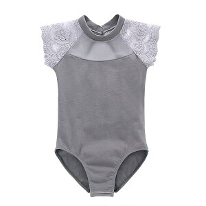 バレエレオタード 子供 キッズ レース切り替え 新体操 ジュニア こども用 ガール 女の子 半袖 バレエ練習着 ダンス衣装 バレエドレス 舞台衣装 練習用 (130, グレー)