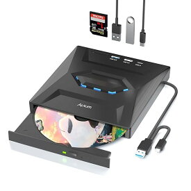 超高速 CD/DVD ドライブ 外付け 、5-IN-1 USB Type-C/USB 3.0 Aポータブル CD/DVD レコーダー、SDスロット＆USBポート搭載、 DVD 8倍速 CD 24倍速 PC CDドライブ 外付け Window/Mac