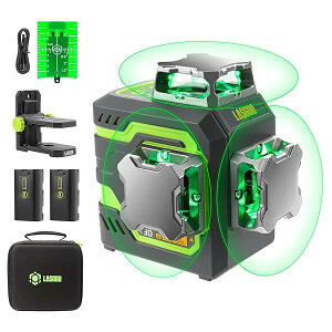 LG-3D レーザー墨出し器、レーザー レベル セルフレベリング、3D グリーン ビーム クロスライン レーザー (3x360°) ビルドとアライメント用、2x 充電式リチウムイオン電池 (最大20時間)、マグネ