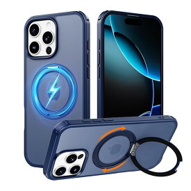 iPhone 16 Pro 用ケース 縦横両対応リング 360°回転スタンド magsafe対応 ワイヤレス充電 米軍MIL規格 耐衝撃 半透明 マット感 iPhone 16 Pro ケース 6.3インチ ブルー