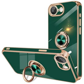 iPhone 16e ケース リング付き アイフォン16e スマホケース 耐衝撃 360°回転 スタンド機能 リング カバー ストラップホール付き 車載ホルダー対応 TPU メッキ加工 ソフトケース いphone16e 6.1インチ 用 （グリーン）