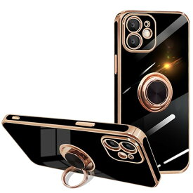iPhone 12 ケース リング付き ストラップホール付き 車載ホルダー対応 携帯カバー 360°回転 スタンド機能 リング スマホケース アイフォン 12 ケース 耐衝撃 TPU カバー 6.1インチ用 （ブラック）