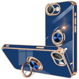 iPhone 16e ケース リング付き アイフォン16e スマホケース 耐衝撃 360°回転 スタンド機能 リング カバー ストラップホール付き 車載ホルダー対応 TPU メッキ加工 ソフトケース いphone16e 6.1インチ 用 （ブルー）
