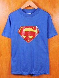 ヴィンテージ 1980年代 USA製 / Hanes ヘインズ / DC Comics / SUPERMAN スーパーマン / 半袖Tシャツ/ ブルー×スーパーマンロゴ ラメプリント / メンズM【中古】▽