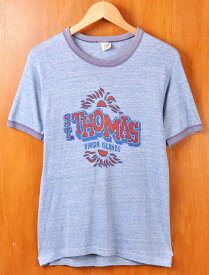 ヴィンテージ 1970年代 USA製 / Hanes ヘインズ / セントトーマス島 スーベニア / 半袖リンガーTシャツ / 霜降りブルー 染み込みプリント / メンズXS相当【中古】▽