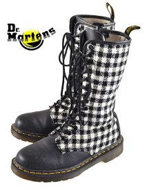 Dr.martens ドクターマーチン / サイドジップ 14ホールブーツ / ブラックレザー×ウール系チェック柄 / UK5 JPN24.0cm【中古】○□