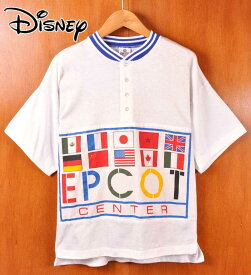 ヴィンテージ 1982年 USA製 / DISNEY ディズニー / Walt Disney World EPCOT CENTER ウォルトディズニーワールド エプコットセンター / ヘンリーネック 半袖Tシャツ / ホワイト×ブルー 国旗柄 / メンズL相当【中古】▽