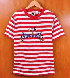 ヴィンテージ 1990年代 / DISNEY ディズニー / Mickey Mouse ミッキーマウス / 半袖Tシャツ / レッド×ホワイト× ボーダー柄 刺繍入り / レディースL【中古】▽