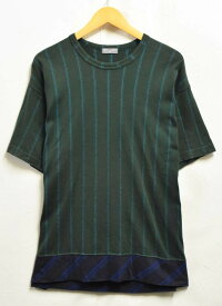 【AD2000】2000年代 日本製 COMME des GARCONS HOMME コム・デ・ギャルソン オム コットン 半袖Tシャツ グリーン×ネイビー 裾切替 ストライプ柄刺繍 メンズL相当【中古】▼