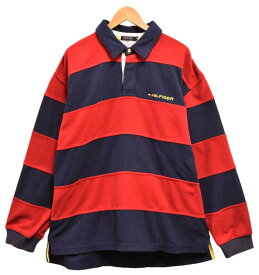 【ビッグサイズ】TOMMY HILFIGER トミーヒルフィガー 長袖ラガーシャツスタイル プルオーバーフリースカットソー レッド×ネイビー ボーダー柄 メンズ2XL相当【中古】▼